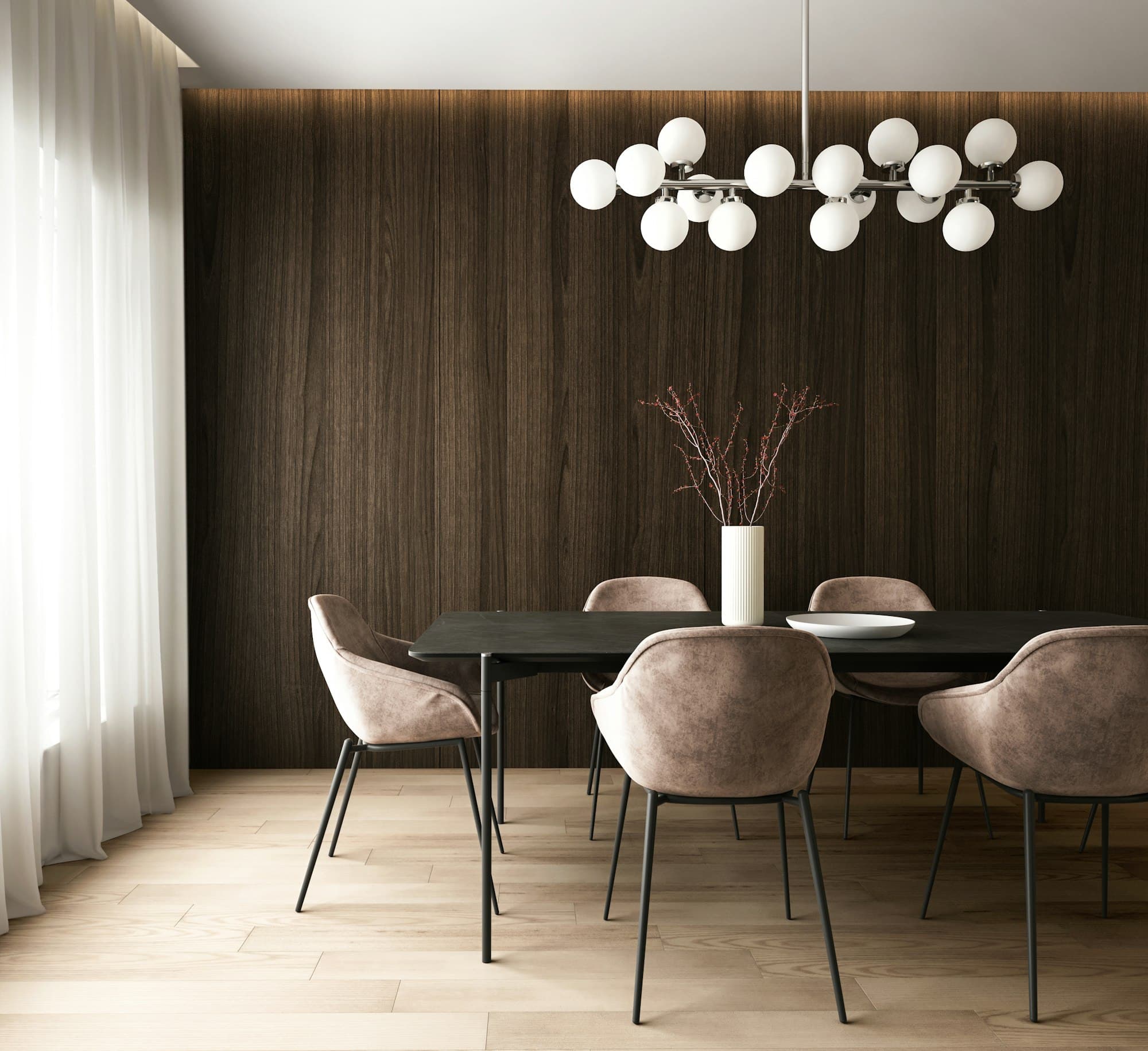 Dining room with dark walnut panelling, a long table and a globe chandelier
