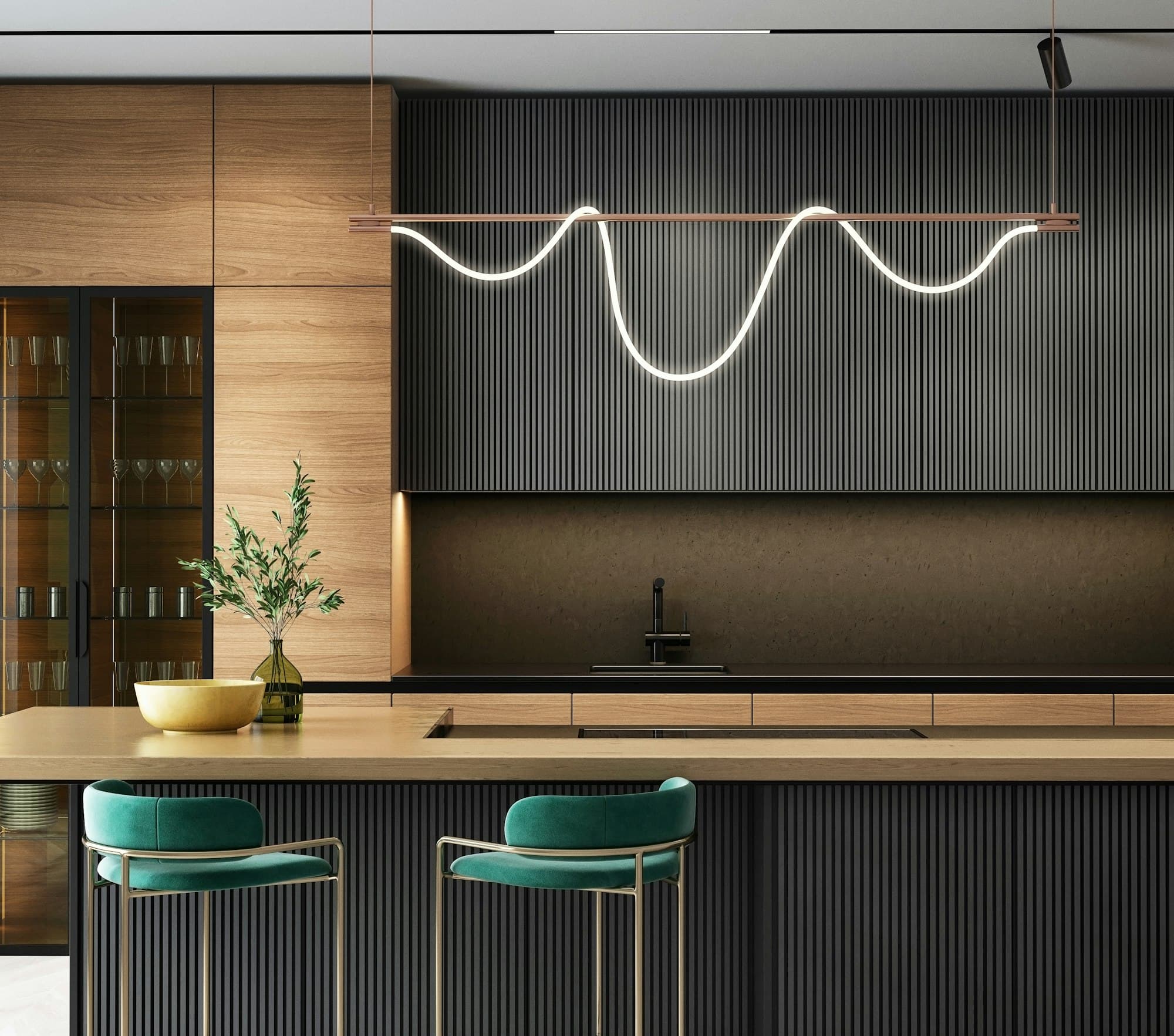 Kitchen with dark fluted cabinets, a timber island and teal bar stools