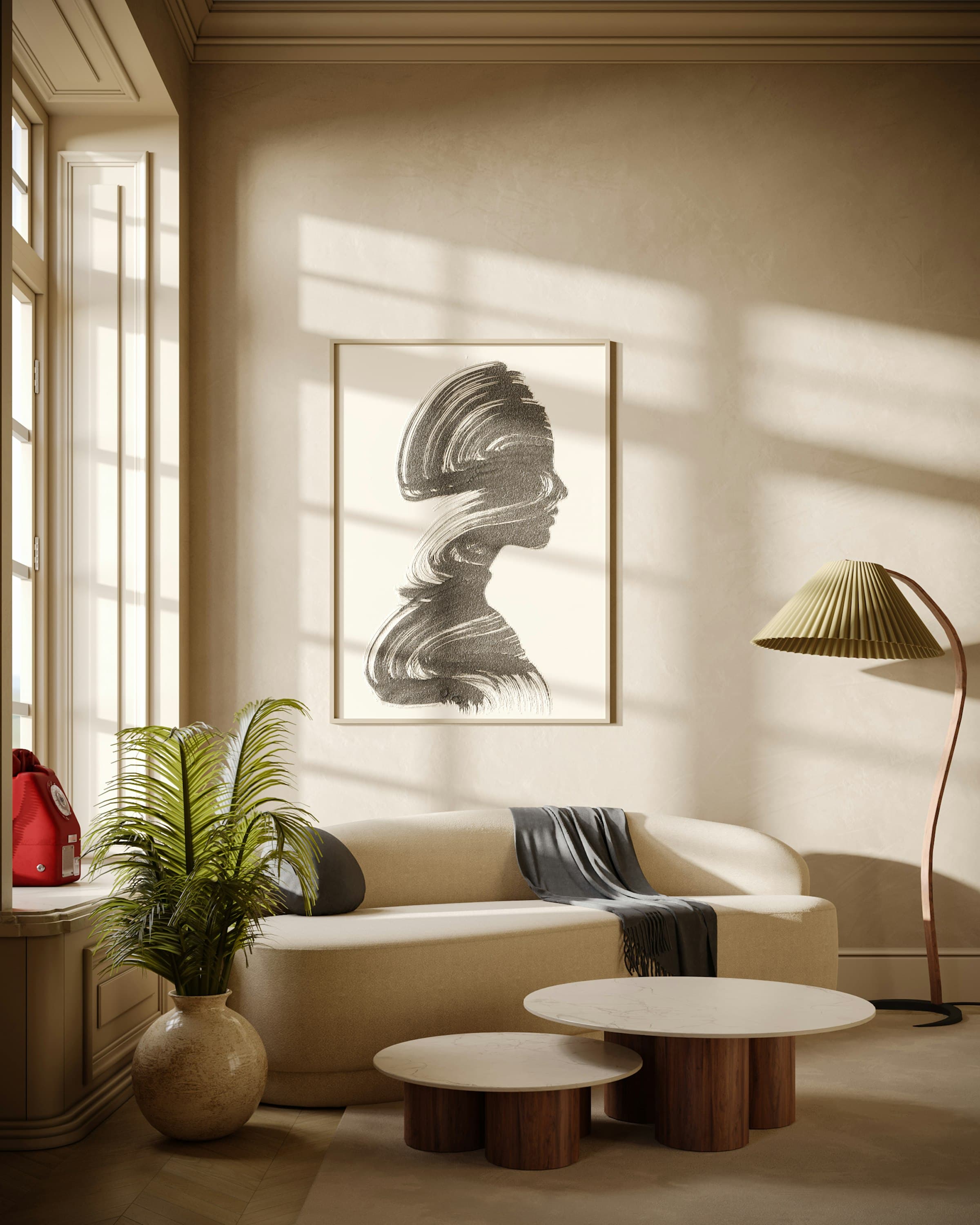 Sunlit living room with a curved cream sofa and round timber tables
