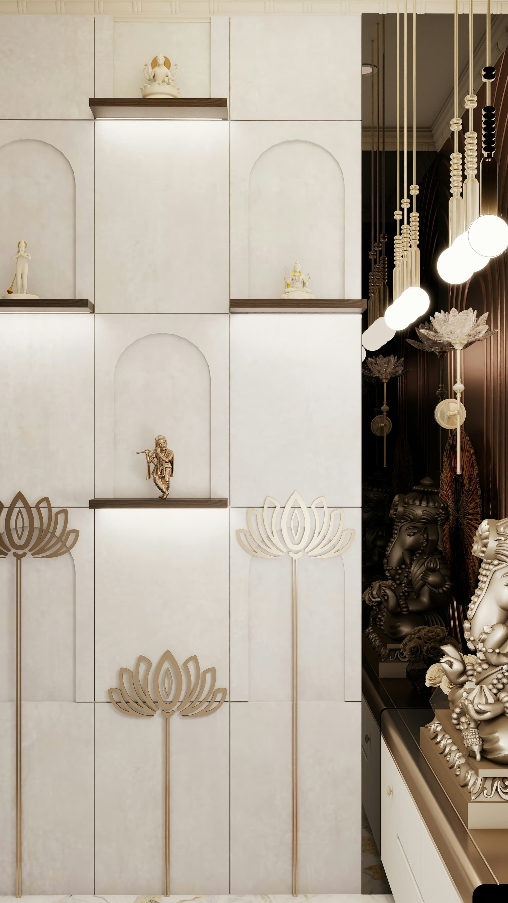 Pooja wall with carved lotus niches and warm lighting